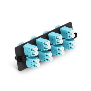 Panneau adaptateur fibre avec 8 adaptateurs multimodes LC Duplex OM3/OM4 (Aqua), céramique de zircone Panneau adaptateur fibre avec 8 adaptateurs multimodes LC Duplex OM3/OM4 (Aqua), céramique de zircone