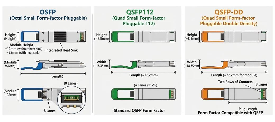 Comparação rápida entre OSFP, QSFP-DD e QSFP112. Comparação rápida entre OSFP, QSFP-DD e QSFP112.