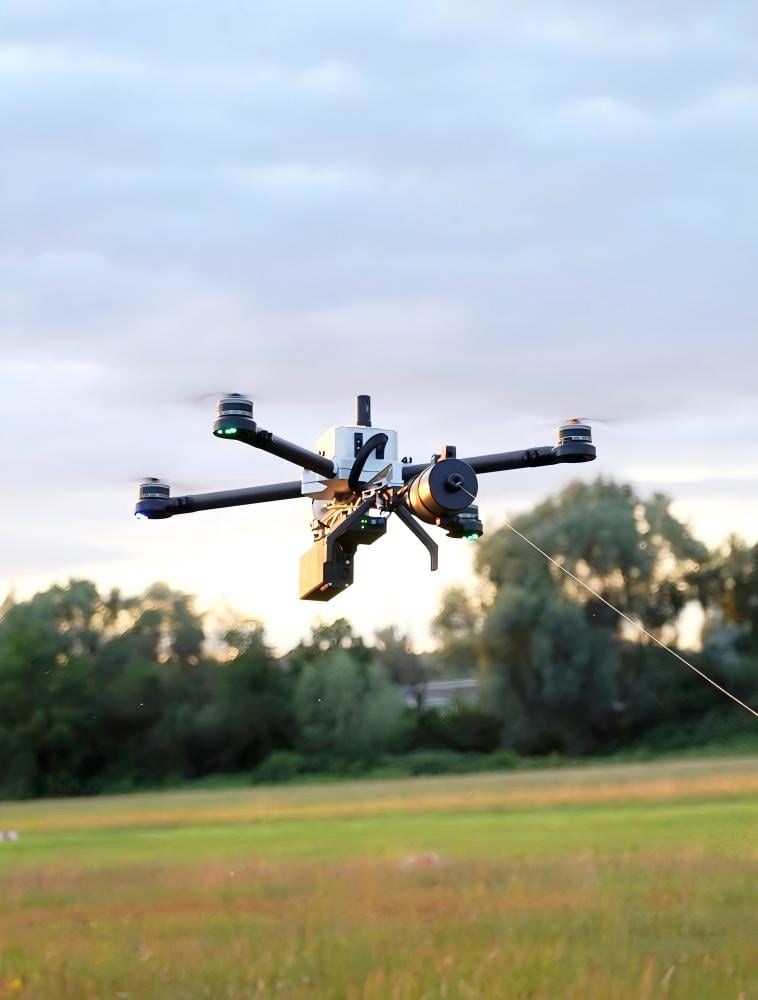 UAV-Drohne mit Glasfaseranschluss