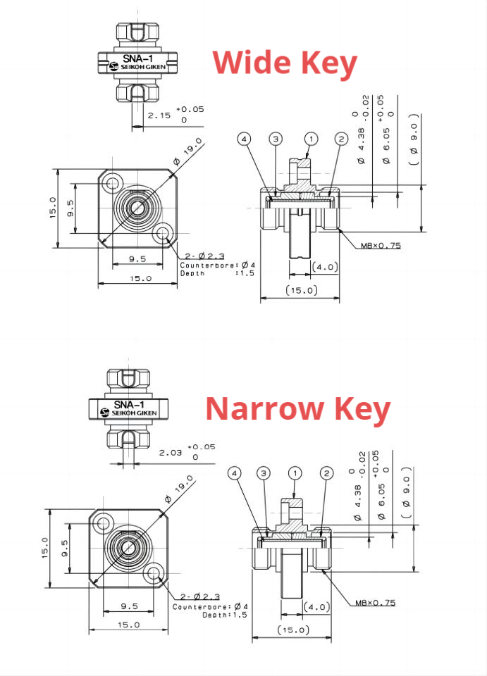Seikoh Giken SNA-1 FC/APC Fiber Adapter Dimension Narrow key and wide key Seikoh Giken SNA-1 FC/APC Fiber Adapter Dimension Narrow key and wide key