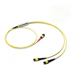 MPO-16 から 2x MPO-8 OS2 シングルモード MPO ブレークアウト ケーブル 16 心、極性 B、LSZH 束、黄色