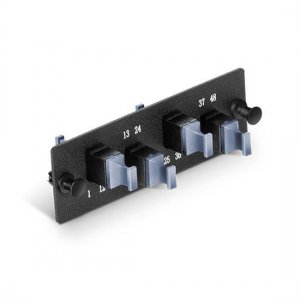 Painel de adaptador de fibra com 4 adaptadores de keyup/keydown MTP(12/24F) (preto), horizontais Painel de adaptador de fibra com 4 adaptadores de keyup/keydown MTP(12/24F) (preto), horizontais